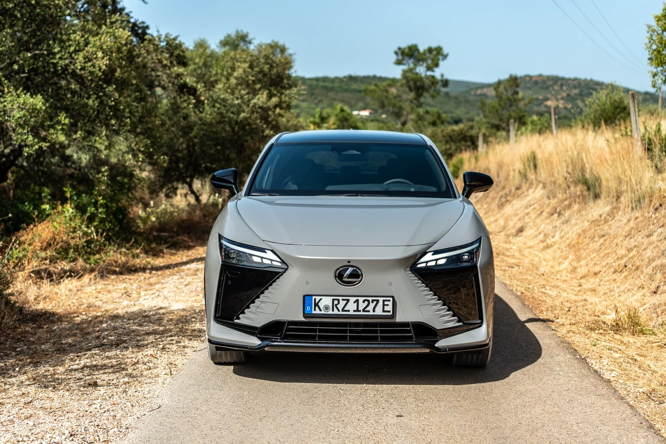 Srebrny samochód marki Lexus stoi zaparkowany na wąskiej, asfaltowej drodze otoczonej suchą roślinnością oraz drzewami, w tle widać łagodne wzgórza pokryte zielenią.