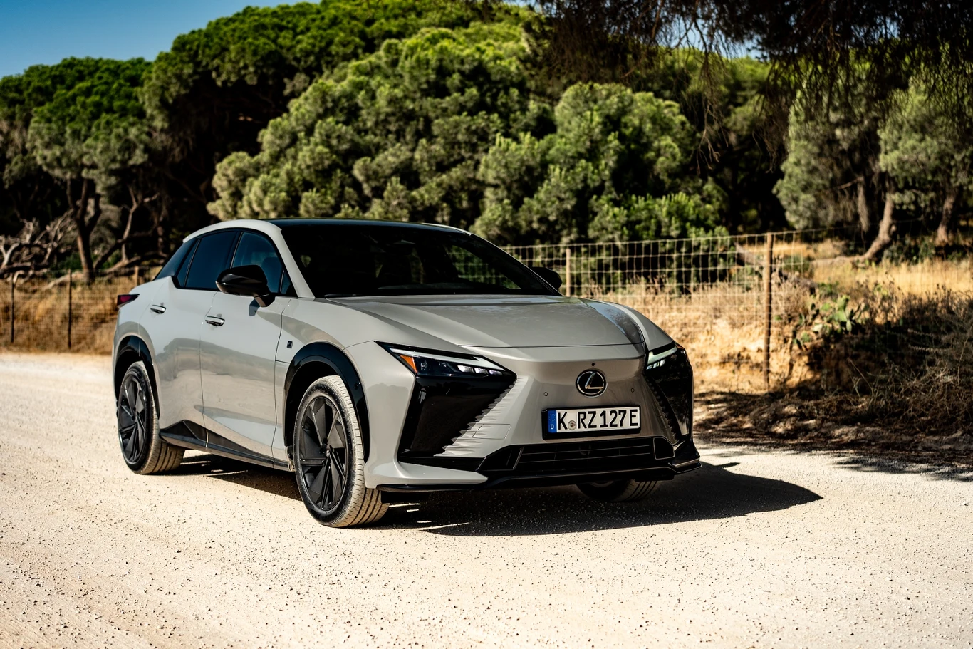 Nowoczesny, srebrny samochód Lexus SUV zaparkowany na białej, piaszczystej drodze w otoczeniu zielonych drzew i naturalnego ogrodzenia z siatki.