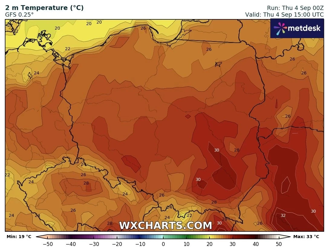 Mapa prognoz temperatury powietrza dla Polski i sąsiadujących krajów, ukazująca zróżnicowanie temperatur od 19°C do 33°C, z najwyższymi wartościami występującymi na południowym wschodzie kraju, w formie kolorowej skali.