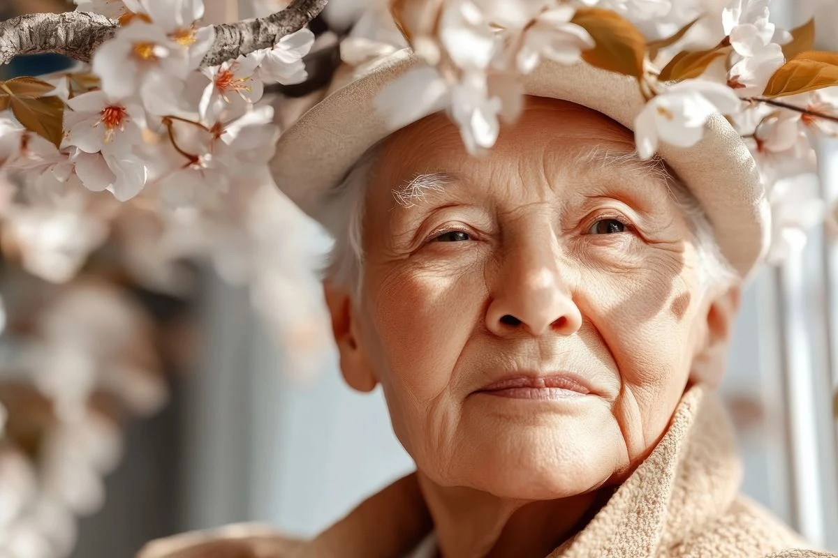 Starsza kobieta w kapeluszu i jasnym płaszczu na tle kwitnących gałęzi.