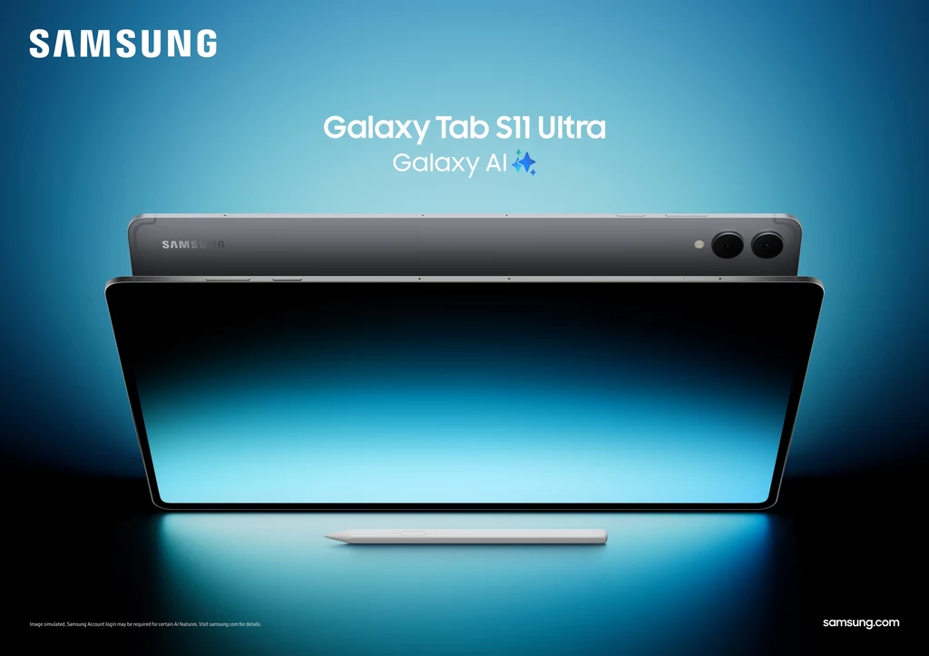 Tablety Samsung Galaxy Tab S11 mają liczne funkcje z pakietu Galaxy AI. Nowoczesny tablet Samsung Galaxy Tab S11 Ultra z wyeksponowanym rysikiem i metalowym wykończeniem, na tle gradientowego, niebieskiego tła, z informacją o Galaxy AI.