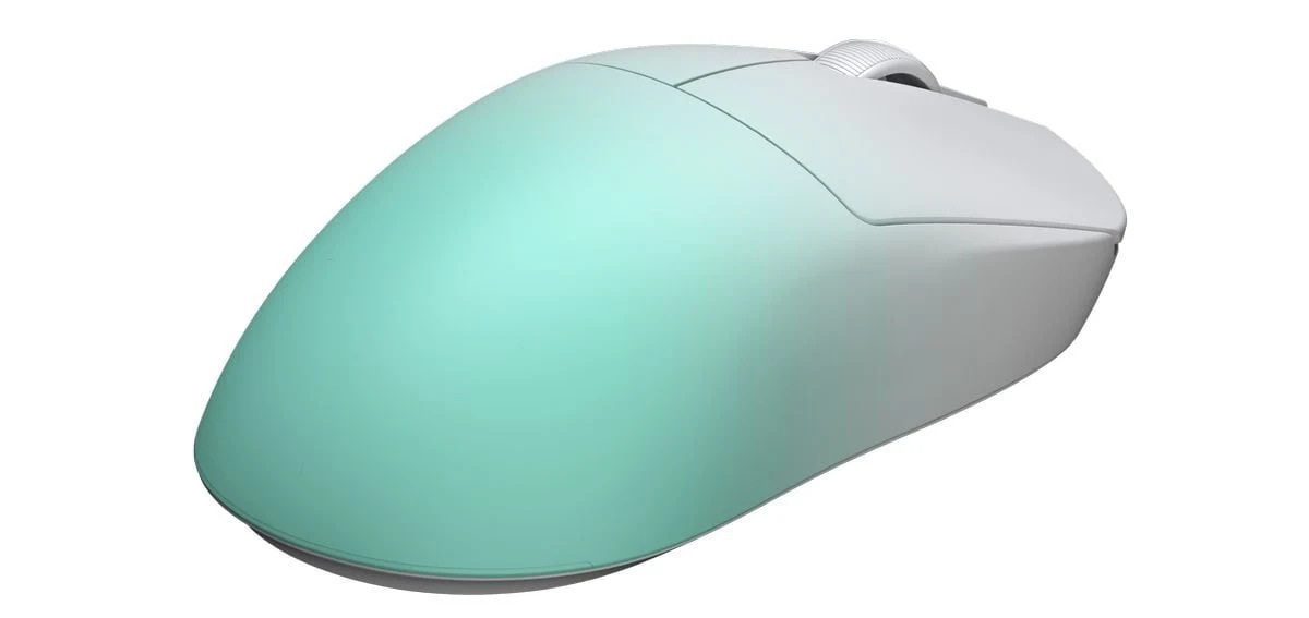 Bezprzewodowa mysz komputerowa o minimalistycznym designie, z płaską obudową w odcieniu miętowej zieleni, z białym rolką do przewijania.