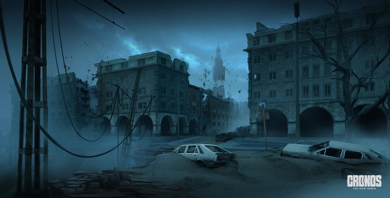 Cronos: The New Dawn Ruiny miejskiej zabudowy, porzucone wraki samochodów, rozbite szyby i opustoszałe ulice w ciemnej, posępnej atmosferze, przewrócone słupy elektryczne i zniszczenia świadczące o katastrofie.