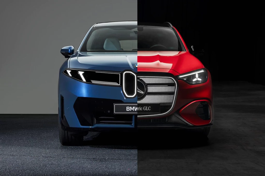 BMW zaskakuje nowymi kształtami, Mercedes stawia na klasykę Dwie połówki samochodów, po lewej stronie niebieski BMW iX, po prawej stronie czerwony Mercedes-Benz EQE, zestawione symetrycznie tak, aby podkreślić różnice i podobieństwa w stylistyce oraz designie obu modeli