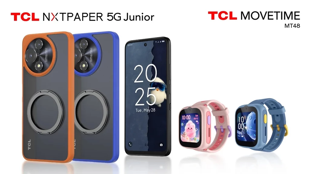 TCL Nxtpaper 5G Junior i Movetime MT48 to produkty dla młodszych użytkowników. Nowoczesne smartfony TCL NXTPAPER 5G Junior z kolorowymi obudowami oraz smartwatch TCL MOVETIME MT48 dostępny w wersji różowej i niebieskiej, ekran telefonu wyświetla godzinę i datę.