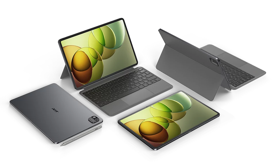 Nowe tablety Acer Iconia X. Kilka nowoczesnych tabletów marki Acer z dołączanymi klawiaturami w różnych pozycjach, wyświetlających kolorowe, abstrakcyjne wzory na ekranach, całość utrzymana w minimalistycznym, nowoczesnym stylu.