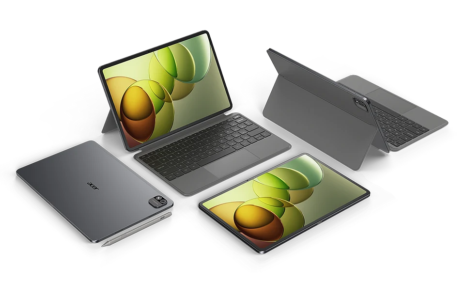 Kilka nowoczesnych tabletów marki Acer z dołączanymi klawiaturami w różnych pozycjach, wyświetlających kolorowe, abstrakcyjne wzory na ekranach, całość utrzymana w minimalistycznym, nowoczesnym stylu.