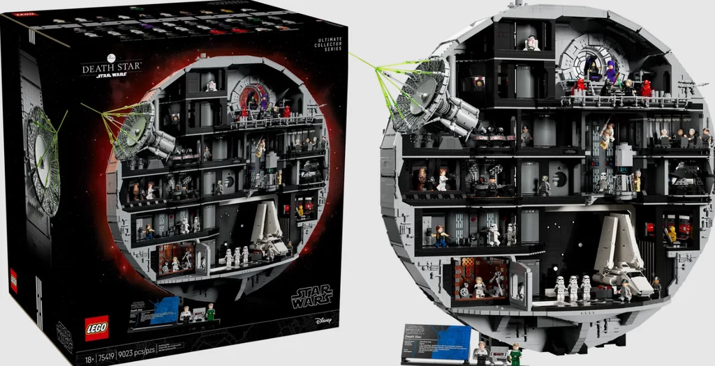 Zestaw klocków LEGO przedstawiający Gwiazdę Śmierci z uniwersum Star Wars wraz z opakowaniem, na którym widać szczegółowe wnętrze konstrukcji oraz liczne figurki związane z filmem.