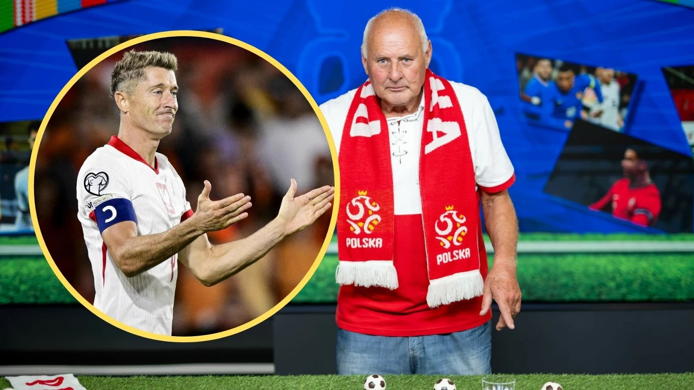 Jan Tomaszewski i Robert Lewandowski Mężczyzna w koszulce i szaliku Polski stoi przy stole studyjnym ze sportowymi gadżetami, na tle ekranów telewizyjnych z piłkarskimi zdjęciami, w okręgu widoczny znany polski piłkarz klaszczący po meczu.