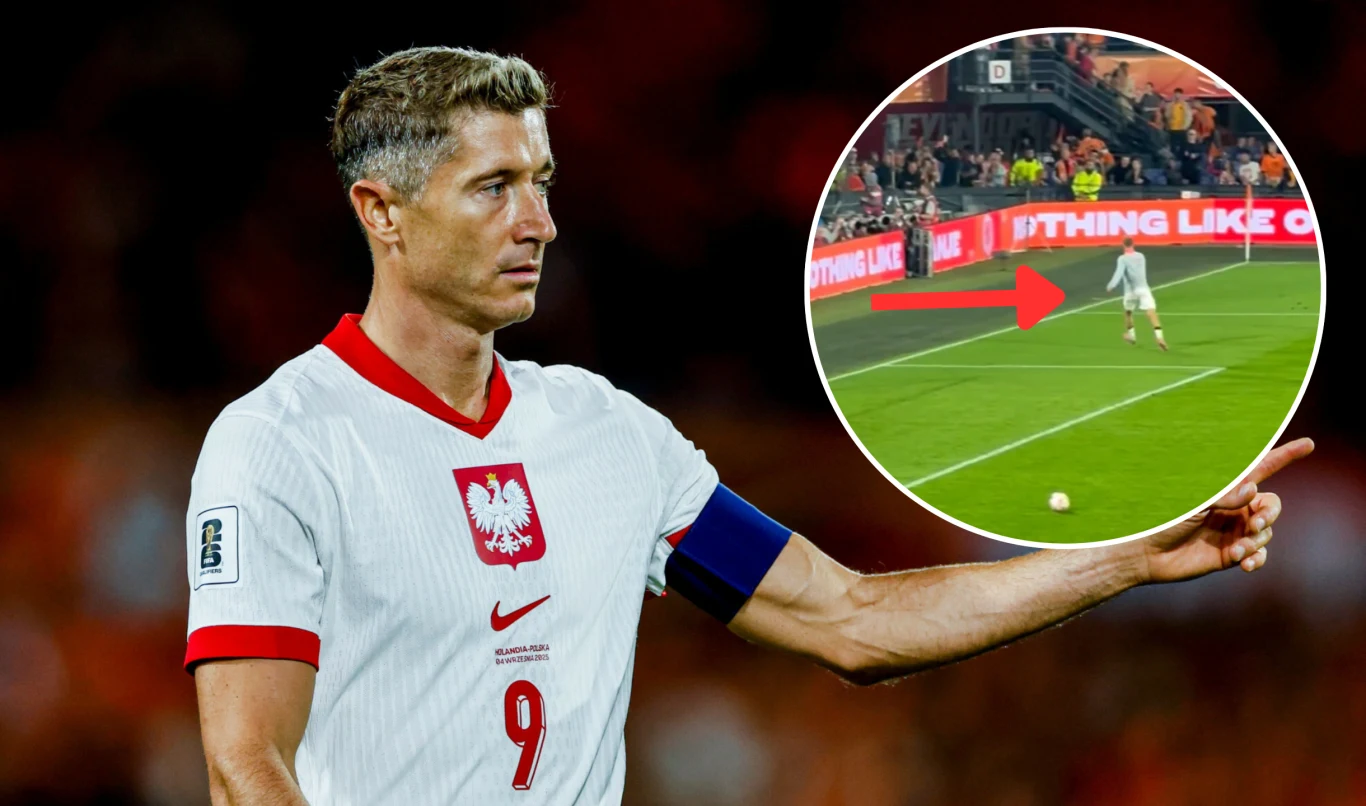 Robert Lewandowski Piłkarz w białej koszulce z numerem 9 oraz godłem Polski na piersi wskazuje ręką kierunek, w tle fragment boiska piłkarskiego oraz wstawka z akcją sportową, gdzie inny zawodnik wykonuje ruch na boisku.