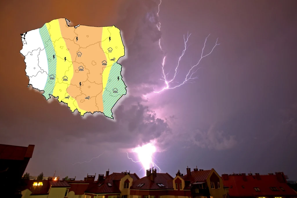 Bardzo silne burze po południu opanują zdecydowaną większość kraju. Najsilniejsze pojawią się w pasie ciągnącym się od Małopolski przez Ziemię Świętokrzyską, Mazowsze, po Warmię i Mazury Błyskawica oświetlająca niebo nad zabudowaną dzielnicą miejską, na której tle widoczna jest ilustrowana mapa Polski z naniesionymi strefami zagrożeń meteorologicznych.