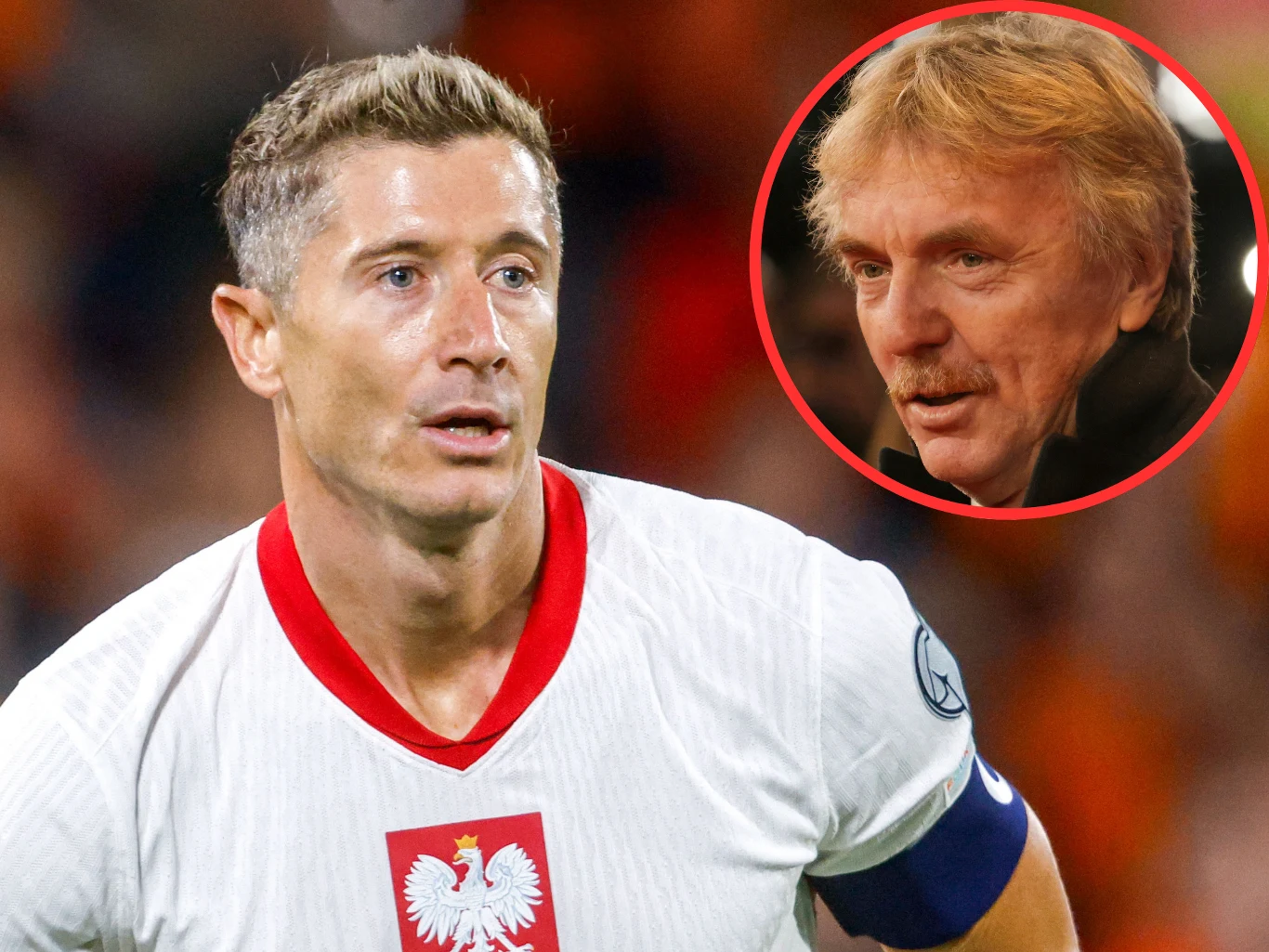 Robert Lewandowski i Zbigniew Boniek / Photo by Jürgen Fromme Piłkarz w białej koszulce z orłem na piersi i niebieską opaską na ramieniu, w tle nieostre światła stadionu, w górnym rogu kółko z portretem mężczyzny o jasnych włosach i wąsach.