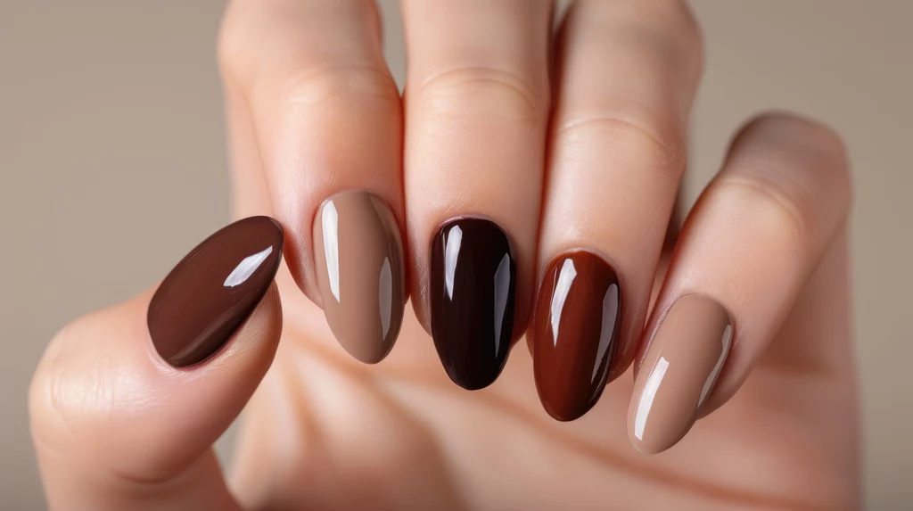 Dłoń z zadbanymi paznokciami pomalowanymi na różne odcienie brązu i beżu, estetyczny manicure typu migdał.