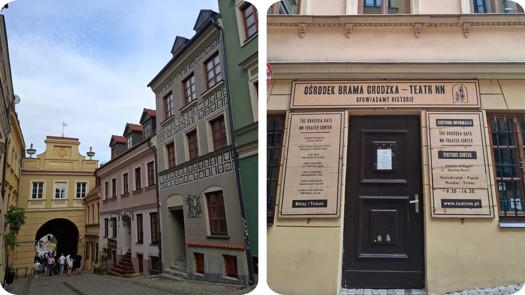 Kolorowe kamienice wzdłuż brukowanej ulicy prowadzącej do zabytkowej bramy oraz fasada budynku z wejściem do Ośrodka Brama Grodzka – Teatr NN, na którym widnieją tablice informacyjne i harmonogram wydarzeń.