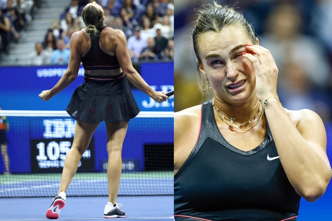 Aryna Sabalenka miała kłopoty w starciu z Jessicą Pegulą. A na końcu mogła krzyknąć z radości. Jest coraz drugiego z rzędu tytułu najlepszej tenisistki świata Z lewej strony tenisistka w czarnej sukience sportowej na korcie, odwrócona tyłem, podnosi ręce po zdobyciu punktu. Z prawej widoczne zbliżenie tej samej zawodniczki, przecierającej oko, z wyrazem silnych emocji na twarzy.