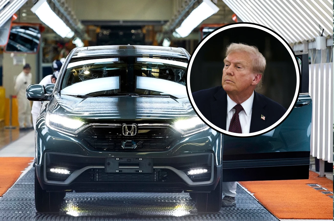 Trump zmniejsza cła na import japońskich aut. Kiedy będą nowe stawki? Nowoczesny samochód marki Honda na linii produkcyjnej w fabryce, na pierwszym planie pojazd z zapalonymi światłami, w prawym górnym rogu okrągłe wstawienie ze zdjęciem mężczyzny w garniturze i krawacie.