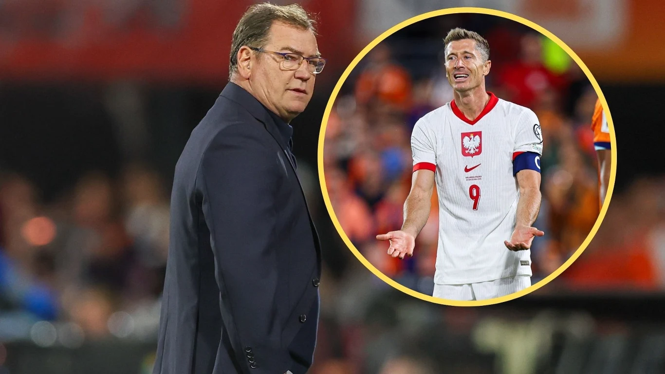 Jan Urban i Robert Lewandowski Trener ubrany w ciemny garnitur spogląda w bok, a w okrągłej ramce obok widoczny jest piłkarz reprezentacji Polski w białej koszulce z numerem 9, gestykulujący z wyrazem zaskoczenia na twarzy.