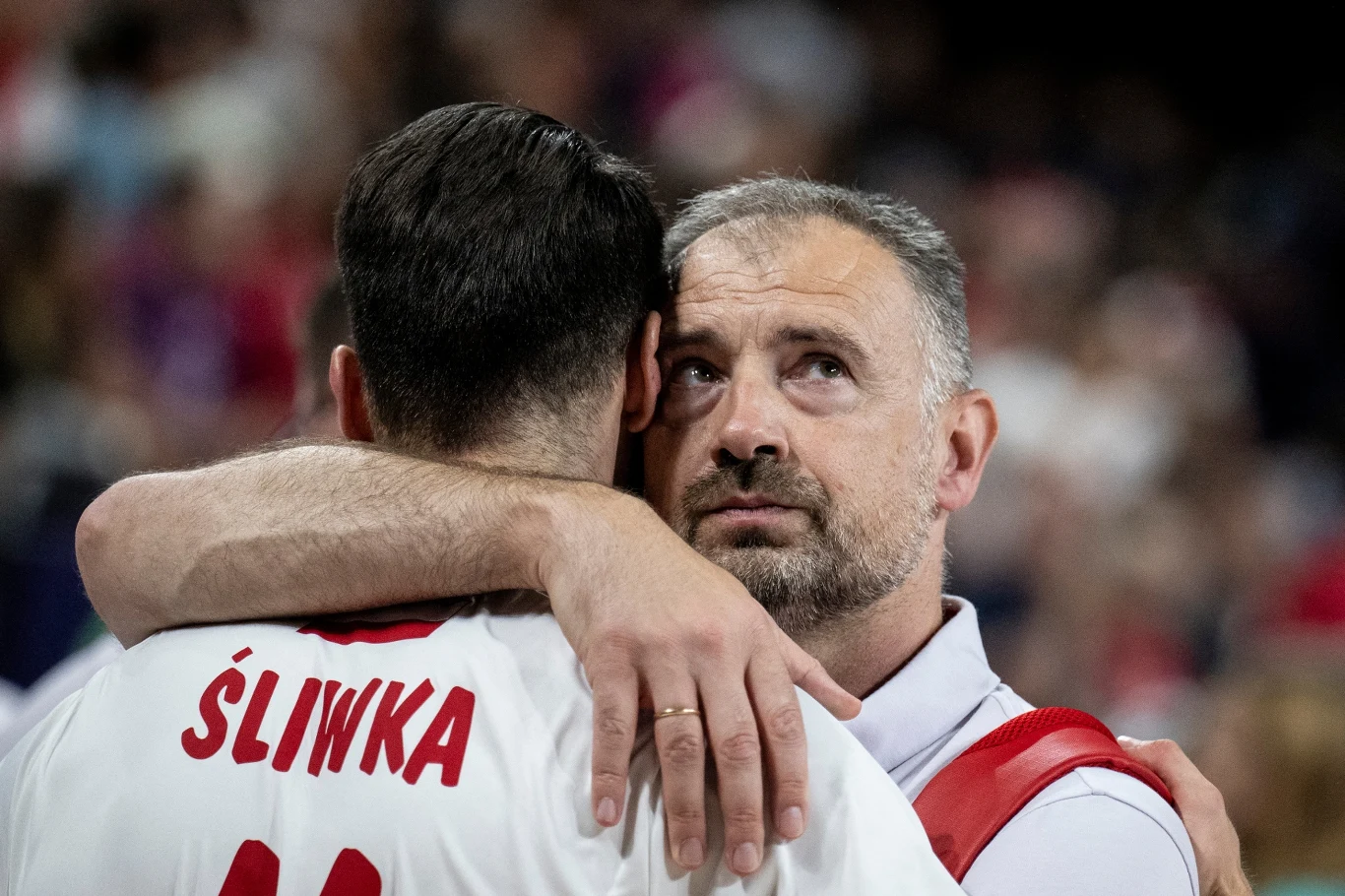 Aleksander Śliwka i Nikola Grbić. Więcej pisać nie trzeba... Trener obejmuje siatkarza z napisem Śliwka na koszulce, oboje wydają się skupieni i pełni emocji, w tle rozmazany tłum kibiców.