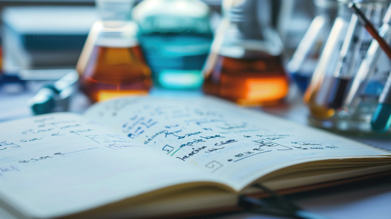 Śledczy na tropie największej fabryki "lewych" artykułów naukowych. To intratny biznes Otwarty zeszyt z odręcznymi notatkami naukowymi leży na stole laboratoryjnym, w tle widoczne są zlewki i probówki wypełnione kolorowymi cieczami.