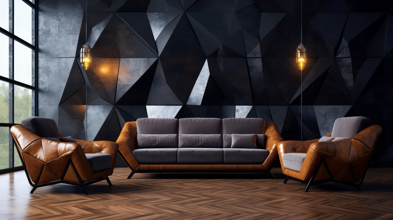 Nowoczesny salon z geometryczną ścianą w odcieniach czerni oraz zestawem stylowych mebli skórzanych obejmujących sofę i dwa fotele, podłoga wyłożona jasnym parkietem, dwa designerskie lampy wiszące po bokach sofy dające ciepłe światło.