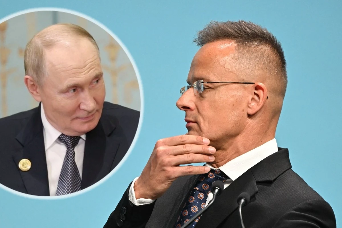 Peter Szijjarto ustosunkował się do słów Władimira Putina o akcesji Ukrainy do UE Portret mężczyzny w garniturze z krótkimi włosami, trzymającego dłoń przy brodzie i patrzącego w bok, w tle okrągłe wstawione zdjęcie innego mężczyzny w garniturze, spoglądającego w stronę pierwszej osoby.