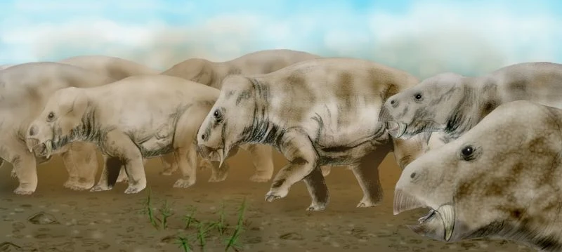 Stado prehistorycznych zwierząt z masywnymi ciałami i krótkimi kończynami porusza się po piaszczystym terenie, w tle unosząca się mgła i błękitne niebo, na pierwszym planie wyraźnie widoczne głowy kilku osobników.