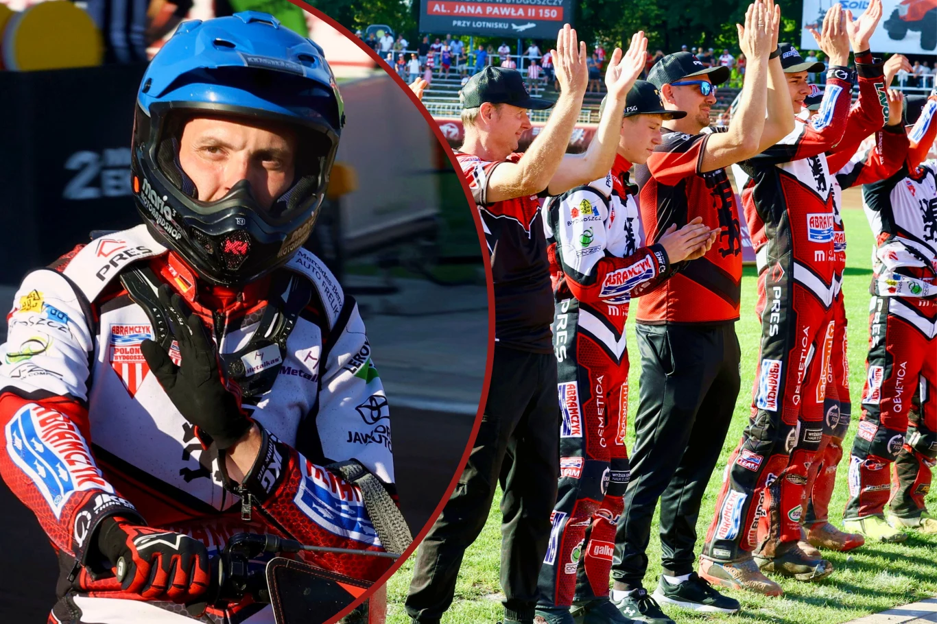 "To jeden z najważniejszych momentów w historii klubu" - mówi Leszek Tillinger o Polonii Bydgoszcz Zawodnik żużlowy w kombinezonie i kasku siedzi na motocyklu, w tle kilku żużlowców w sportowych strojach stoi w szeregu na murawie i unosi ręce w geście powitania.
