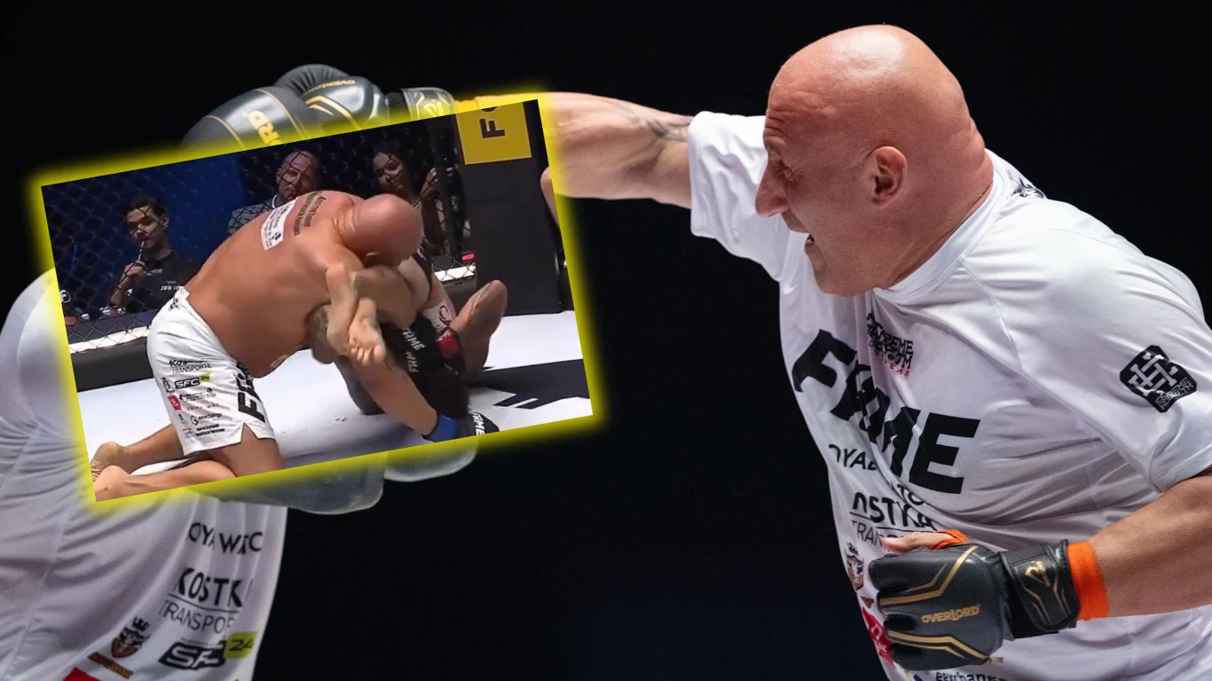 Dwóch zawodników w trakcie walki MMA, jeden z nich zadaje cios przeciwnikowi, a nałożone na obraz powiększenie prezentuje moment obalenia lub parterowej walki.