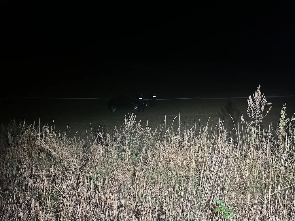 Służby zabezpieczają teren na Lubelszczyźnie, gdzie rozbił się niezidentyfikowany obiekt Wysoka sucha trawa na pierwszym planie, w tle ciemność nocą oraz niewyraźnie widoczny pojazd i osoby ubrana w odblaskowe elementy.
