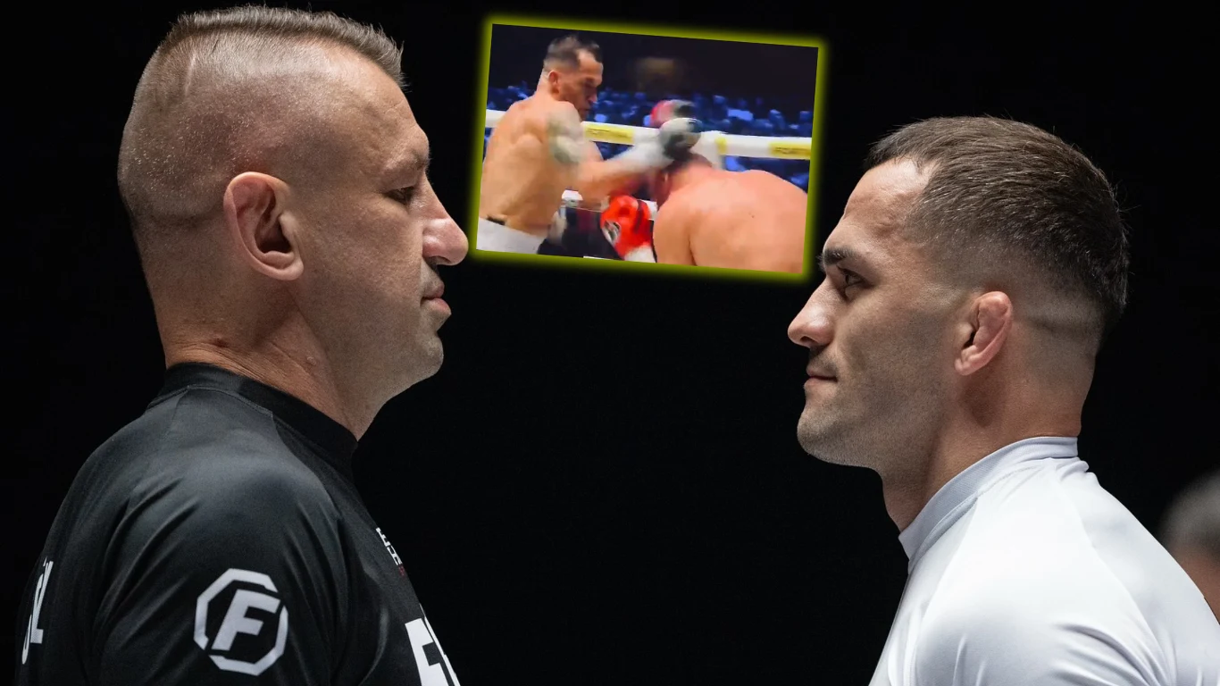 FAME MMA: Adamek - Soldić Dwóch sportowców stoi naprzeciw siebie w bliskiej odległości, skoncentrowani i przygotowani do walki, w tle widoczna jest wstawka z dynamiczną sceną bokserską.