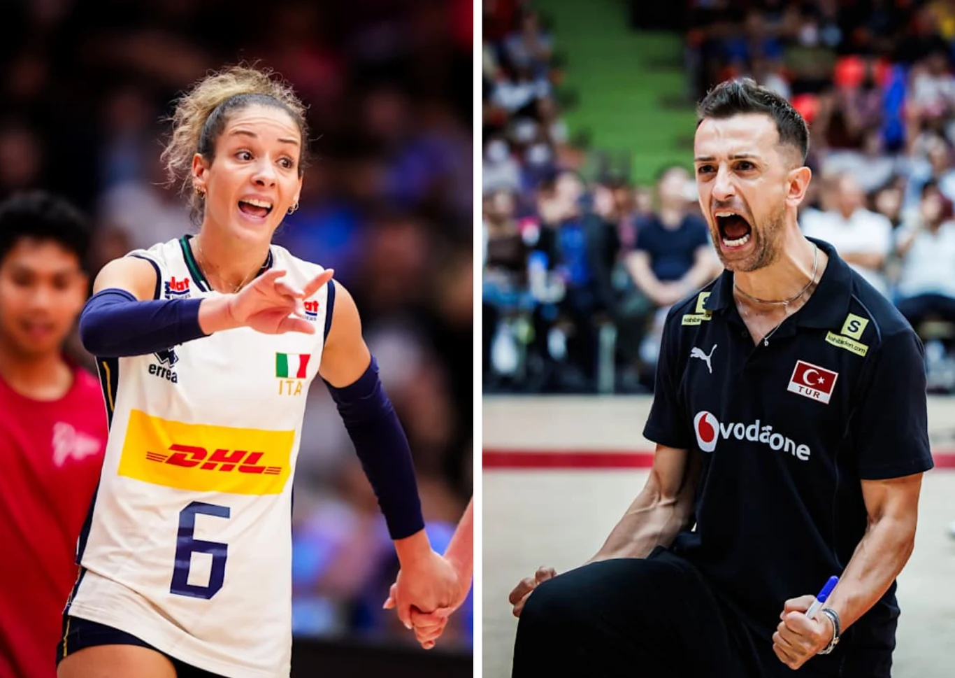 MŚ siatkarek. Mecz Włochy - Turcja będzie rywalizacją Moniki De Gennaro z Daniele Santarellim. Od ośmiu lat są małżeństwem Dwóch sportowców podczas meczu siatkarskiego wyrażających silne emocje, po lewej kobieta w stroju reprezentacji Włoch, po prawej mężczyzna w stroju reprezentacji Turcji, oboje gestykulują i mają ekspresyjne twarze.