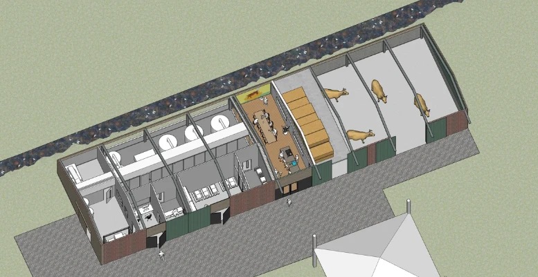 Projekt architektoniczny wnętrza budynku gospodarczego podzielonego na różne sekcje, w tym pomieszczenia gospodarcze, część biurową oraz boksy ze zwierzętami gospodarskimi, w których widoczne są krowy.