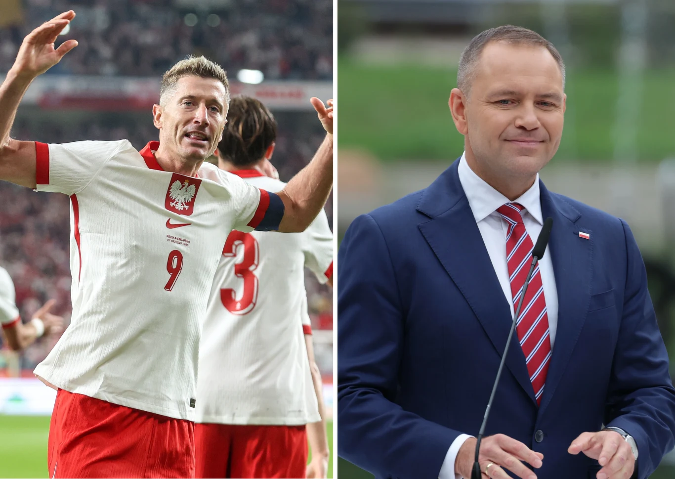 Po lewej stronie piłkarz w białej koszulce z czerwonym orłem i numerem 9 unosi ręce w geście radości na tle innych zawodników, po prawej stronie mężczyzna w garniturze i krawacie stoi przed mikrofonem z uśmiechem.