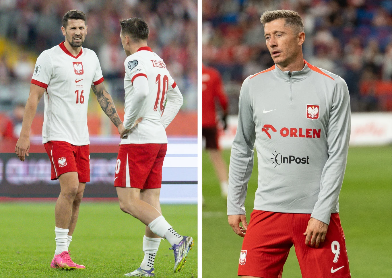 Piłkarze reprezentacji Polski w oficjalnych strojach podczas meczu piłkarskiego oraz na treningu, na pierwszym planie wyraźnie widoczne koszulki z nazwiskami i numerami zawodników.