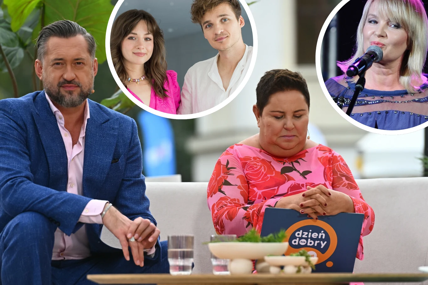 Kwiat Jabłoni i Halina Benedyk wystąpili na jubileuszu "Dzień Dobry TVN" Dwóch prowadzących siedzi na kanapie w studiu telewizyjnym, mężczyzna w niebieskim garniturze oraz kobieta w różowej sukience z motywem kwiatowym, trzymająca planer z napisem 'dzien dobry'; w lewym górnym rogu wstawka z twarzami młodej dziewczyny i chł...