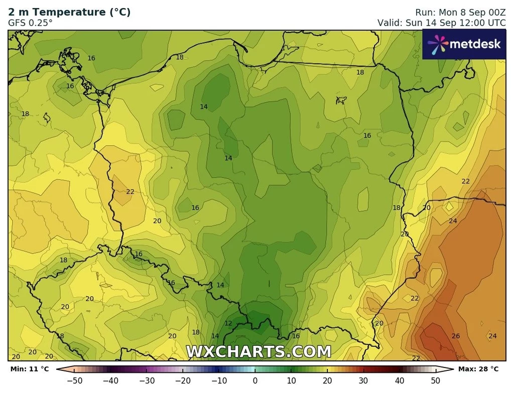 Niedziela zapowiada się na chłodny dzień, z temperaturami do 23 st. C Mapa temperatury powietrza na terenie Polski z ukazaniem wartości w stopniach Celsjusza na różnych obszarach, wyraźne zróżnicowanie termiczne od chłodniejszych regionów centrum po cieplejsze obszary na południowym wschodzie i północnym zachodzie.