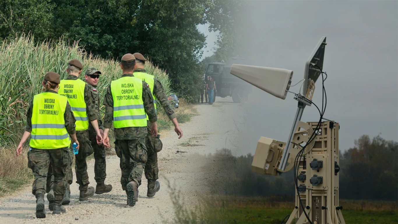 Na zdjęciu służby w Osinach, gdzie 20 sierpnia spadł dron (Anita Walczewska/East News) oraz system wykrywania dronów SKYcontrol (www.wojsko-polskie.pl), kolaż: Interia Grupa żołnierzy w kamizelkach odblaskowych Wojsk Obrony Terytorialnej idąca drogą polną w kierunku zaparkowanego na końcu pojazdu, po prawej stronie urządzenie radarowe lub antydronowe umieszczone na tle pola i drzew.
