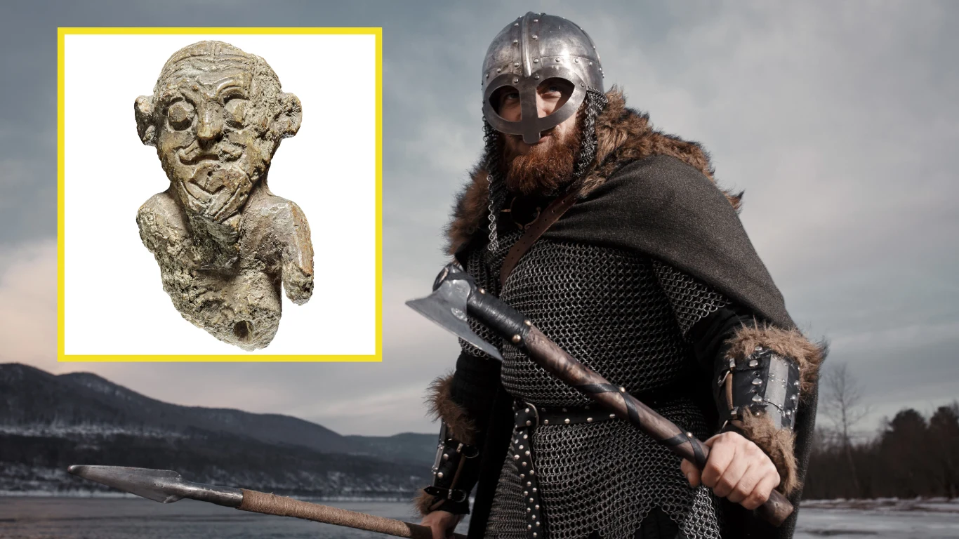 Nowe badanie rzuca światło na ważny aspekt życia Wikingów. Wszystko dzięki jednej figurce Wojownik wikingów w kolczudze i hełmie z toporem w ręku stoi na tle zimowego krajobrazu, obok znajduje się zdjęcie starożytnej figurki o wyraźnych rysach twarzy i charakterystycznych uszach.