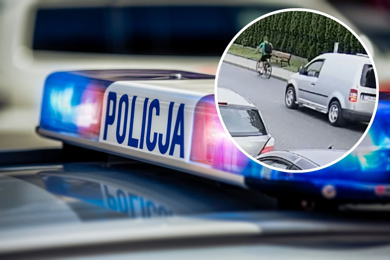 Rowerzysta został potrącony przez samochód. Kobieta poniesie surowe konsekwencje Niebieski sygnał policyjny na dachu radiowozu z napisem 'POLICJA', obok w okręgu widoczny fragment monitoringu pokazujący rowerzystę i srebrny samochód na drodze.