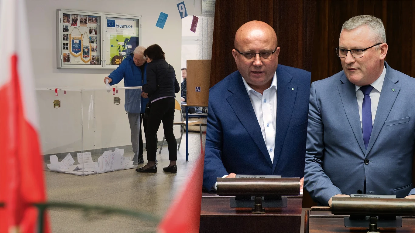 Pomysł ludowców zmiażdżony. PSL odbija piłeczkę: Nadejdzie tsunami Połączenie sceny wyborów, gdzie dwie osoby wrzucają karty do przezroczystej urny, z wizerunkiem dwóch mężczyzn w garniturach przemawiających przy mównicy w sali parlamentarnej.