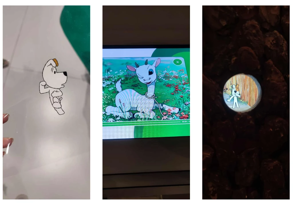 Trzy ilustracje z motywami bajkowymi – po lewej stronie animowany piesek na transparentnej płytce trzymanej w ręce, na środku animowana koza na tle łąki z książki lub tabletu, po prawej okrągła lupa pokazuje postać animowanego zwierzątka na tle brązowy...