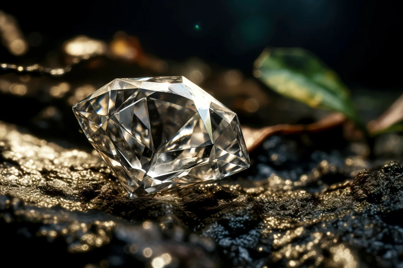 Przełom w fizyce. Fizycy pokazali unikalny kryształ Duży, oszlifowany diament leży na wilgotnej, błyszczącej powierzchni w otoczeniu liści, z efektem świetlistych refleksów podkreślających jego przejrzystość i piękno.