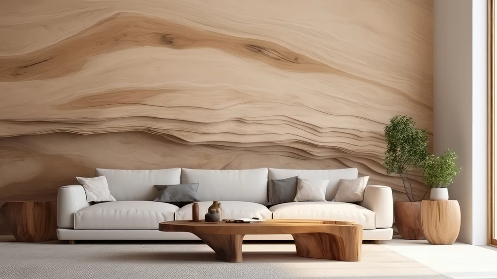 Duża, jasna sofa z licznymi poduszkami stoi przed ścianą z efektem przypominającym fale piasku, po bokach znajdują się eleganckie, drewniane stoliki oraz dekoracyjne rośliny w jasnych donicach, wnętrze w stylu minimalistycznym i naturalnym.