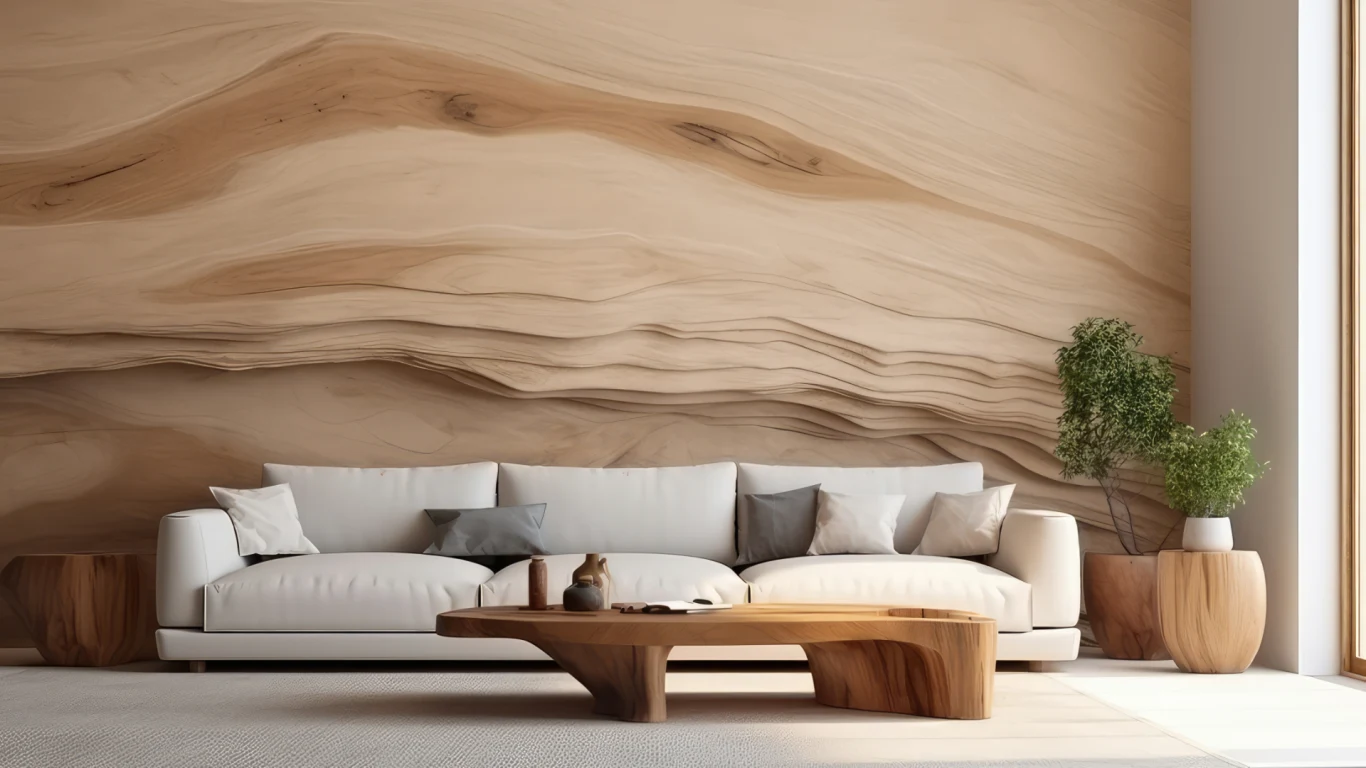 Duża, jasna sofa z licznymi poduszkami stoi przed ścianą z efektem przypominającym fale piasku, po bokach znajdują się eleganckie, drewniane stoliki oraz dekoracyjne rośliny w jasnych donicach, wnętrze w stylu minimalistycznym i naturalnym.