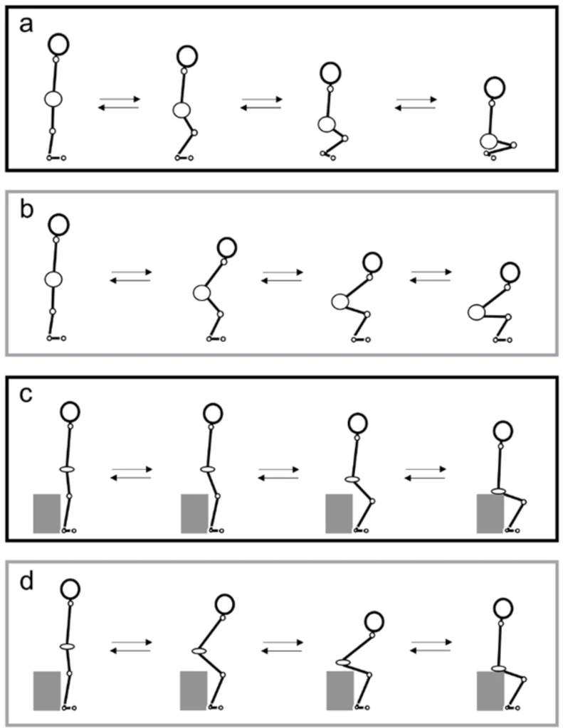 Typowe ruchy siadania i wstawania (b i d) w porównaniu z pozycjami stosowanymi w Rei-ho (a i c) Schematyczne ilustracje sekwencji ruchu osoby pokazane w formie uproszczonych sylwetek, podzielone na cztery panele oznaczone literami, przedstawiające różne warianty przemieszczania się w pozycji stojącej i siedzącej, zarówno bez przeszkody jak i z ob...