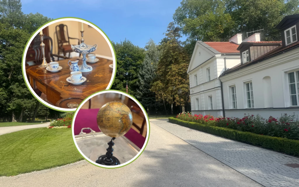 Biały dworek otoczony zadbanym ogrodem i brukowaną ścieżką; w okręgach powiększenia widać stylowy drewniany stół z porcelanowym serwisem do herbaty oraz staromodny globus na czarnym stojaku.
