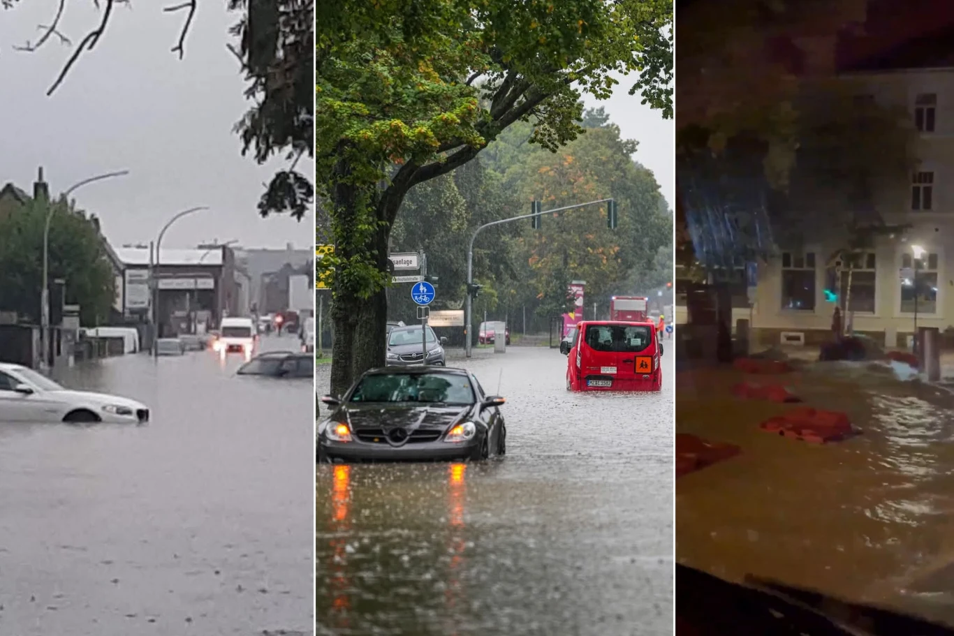 W Nadrenii Północnej-Westfalii w krótkim czasie miejscami spadło dwa razy więcej deszczu niż zwykle przez cały miesiąc. Do podtopień doszło również w Luksemburgu Trzy ujęcia przedstawiające zalane ulice miasta; samochody częściowo zanurzone w wodzie, intensywna ulewa, widoczne utrudnienia w ruchu miejskim, zalane chodniki i ulice.