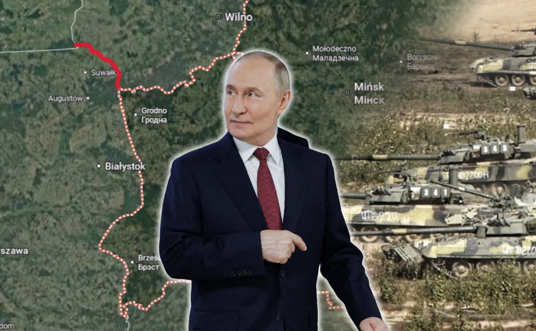 Zakusy Rosji i sytuacja państw bałtyckich. W centrum zainteresowania Rosji przesmyk suwalski? Rosyjski polityk stojący na tle mapy Europy Środkowo-Wschodniej z zaznaczonym przesmykiem suwalskim oraz obecnością czołgów w prawym górnym rogu.