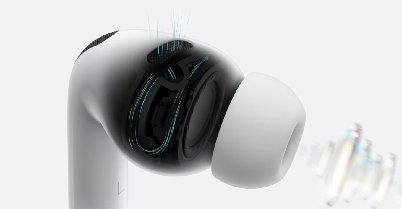 Duża słuchawka douszna o nowoczesnym designie, z wyraźnie widoczną strukturą wewnętrzną i silikonową końcówką, z efektem wizualizacji przepływu dźwięku po prawej stronie.