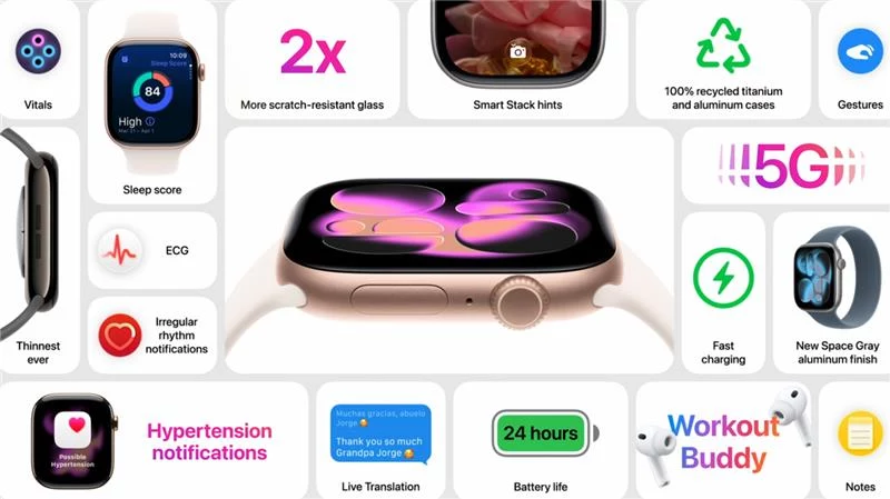 Apple Watch series 11 wprowadza różne nowe funkcje. Centralny element stanowi inteligentny zegarek z kolorowym wyświetlaczem otoczony ikonami prezentującymi jego najważniejsze funkcje, takie jak monitorowanie zdrowia, powiadomienia o ciśnieniu, tłumaczenie na żywo oraz funkcje sportowe i komunikacyjne.